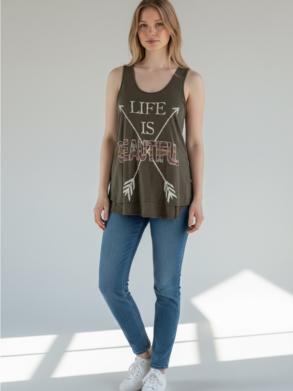 Women's Boho Western Olive Graphic Scoop Neck Tank - Life Is Beautiful Size  SM